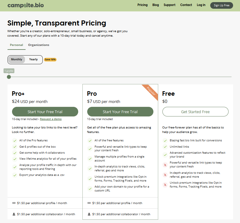 campsite.bio pricing